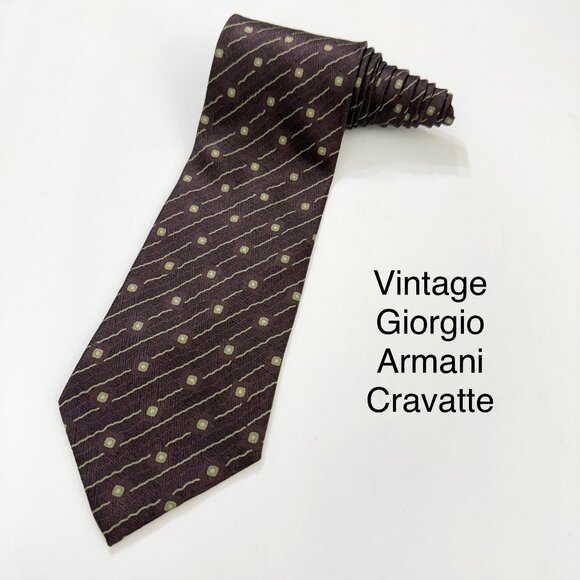 Vintage Giorgio Armani Cravatte All Silk Mens Tie Maroon Taupe Geometric Print - Picture 1 of 9